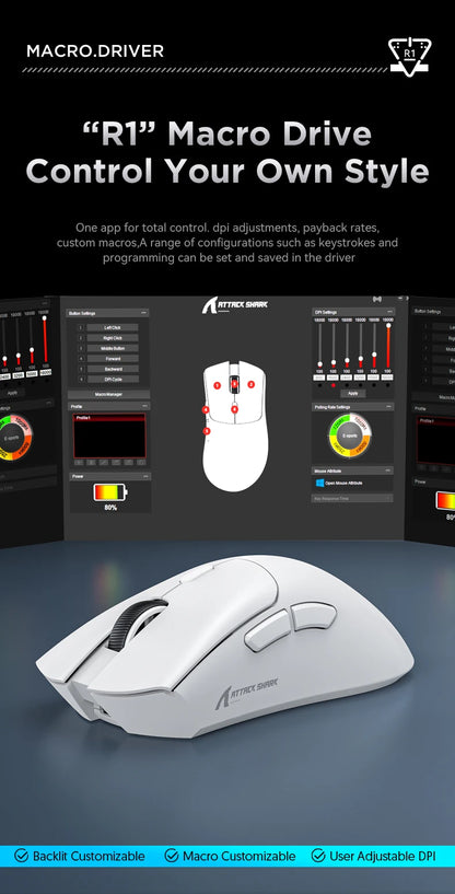 Attack Shark R1 Tri-Mode 2.4g-BT-Wired, PAW3311 18000DPI, 59g Lightweight Gaming Mouse