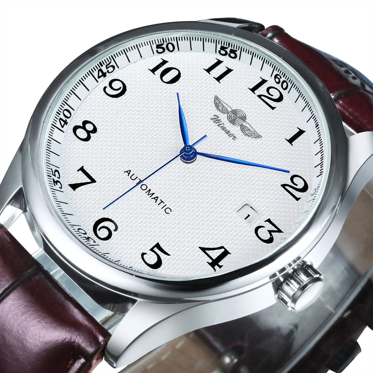 Klassiek herenhorloge – Retrostijl met datumweergave en blauwe wijzers, automatisch mechanisch uurwerk, prestigieus merk, stalen kast en leren band
