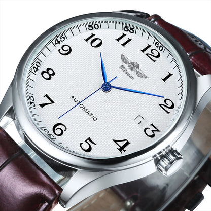 Klassiek herenhorloge – Retrostijl met datumweergave en blauwe wijzers, automatisch mechanisch uurwerk, prestigieus merk, stalen kast en leren band
