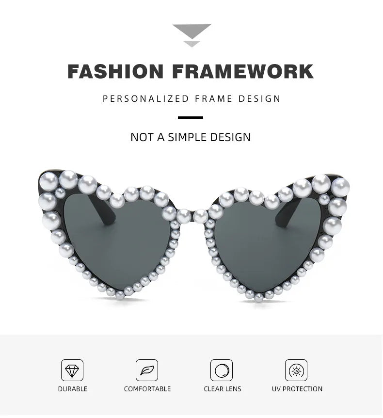New In Luxury Fine Shimmering Love Pearl Sun Glasses Women Heart Glasses Casual Bling Sunglasses Lentes De Sol Mujer