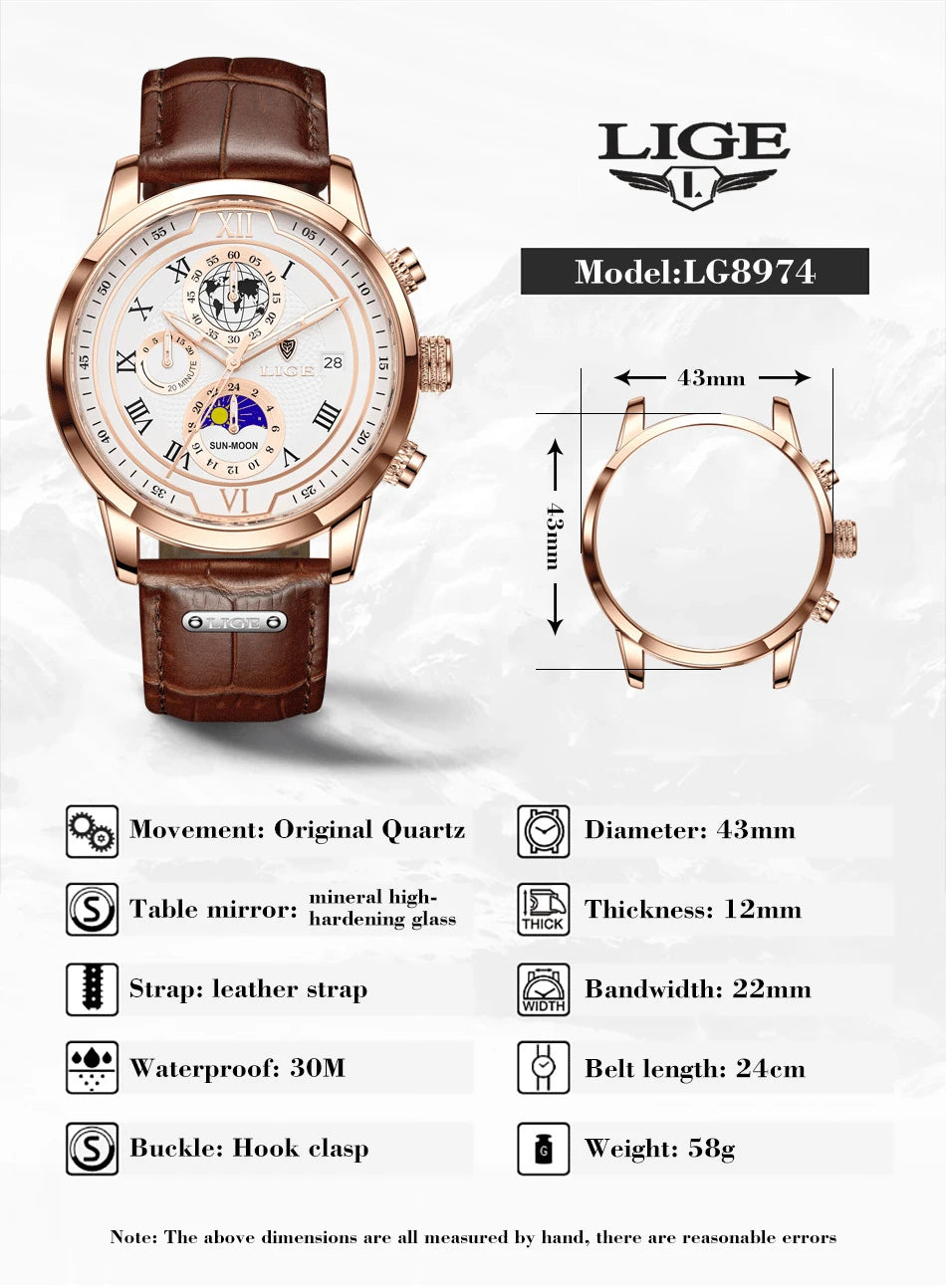 LIGE Luxury Man Wristwatch Waterproof Luminous Chronograph Watch for Men Leather Strap Men's Quartz Watches Reloj Hombre+Box