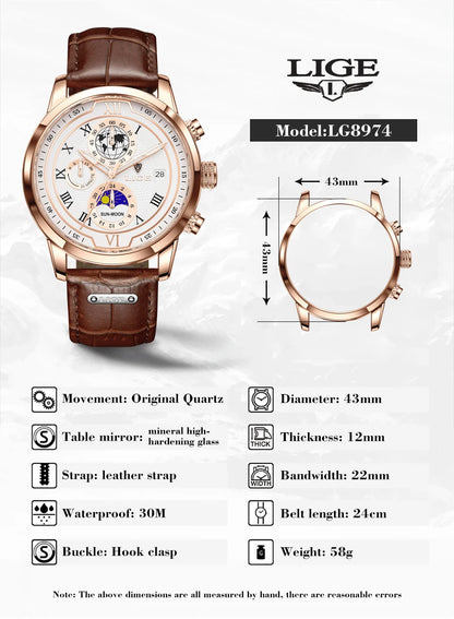 LIGE Luxury Man Wristwatch Waterproof Luminous Chronograph Watch for Men Leather Strap Men's Quartz Watches Reloj Hombre+Box