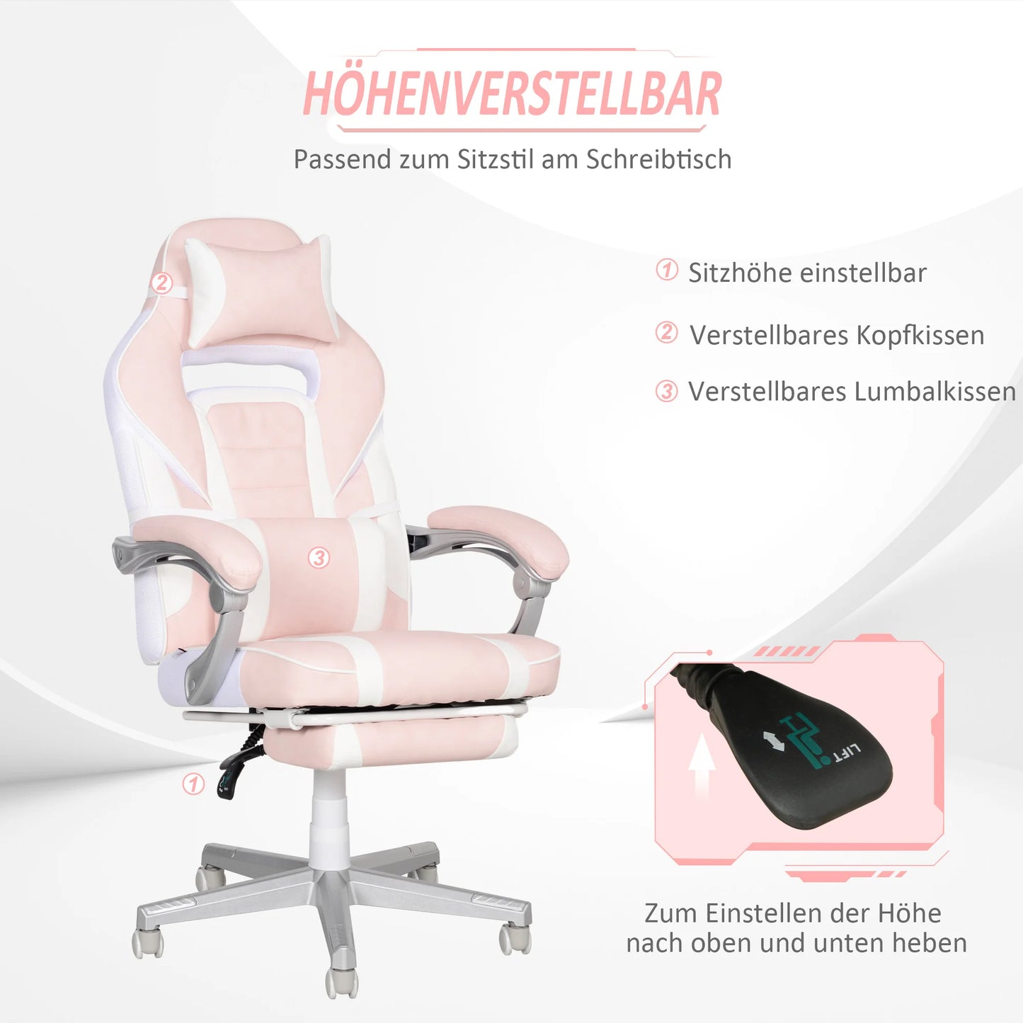 Pink Gaming Chair with Footrest, Adjustable High Back Gaming Chair with Headrest & Lumbar Pillow, 360° Swivel Ergonomic Faux Leather Gaming Chair for Office & Gaming