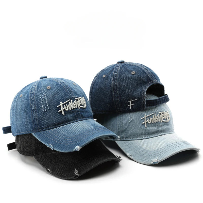 Japanese Retro Washed Denim Letter Embroidered Cap Outdoor Sports Mens Travel Sun Hat Baseball Cap Classic Versatile Comfortable