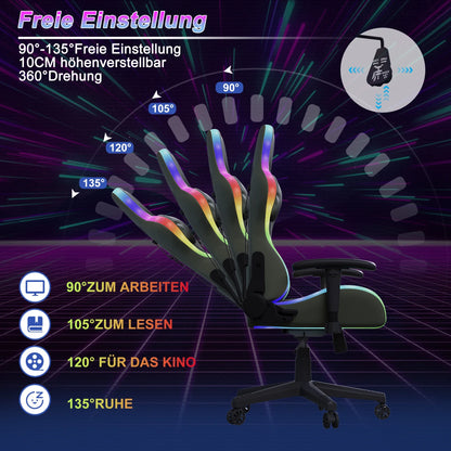 Anajqaqia Gaming Chair RGB LED Light Lumbar Massage Adjustable 90-135° Backrest Ergonomic Office Chair