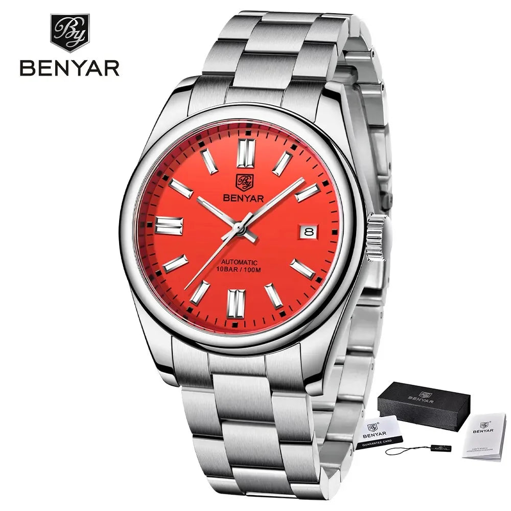 BENYAR 39mm Automatic Mechanical Watch Seagull Movt Men Stainless Steel 100M Waterproof Clock BWG-9 Luminous Reloj Hombre