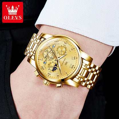 Reloj para hombre OLEVS 2859: modelo clásico y lujoso con números romanos, multifunción, resistente al agua, esfera luminiscente y mecanismo de cuarzo de alta calidad.