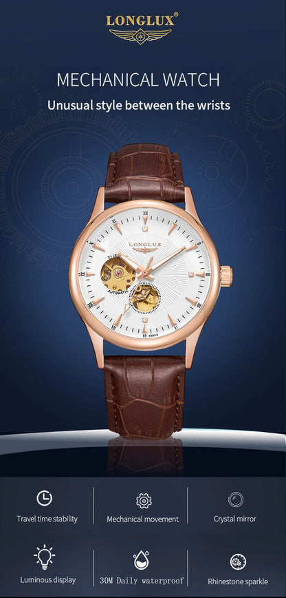 LONGLUX automatic watch elegant style wholesale mechanical wristwatches skeleton rome waterproof  mens watch men gift