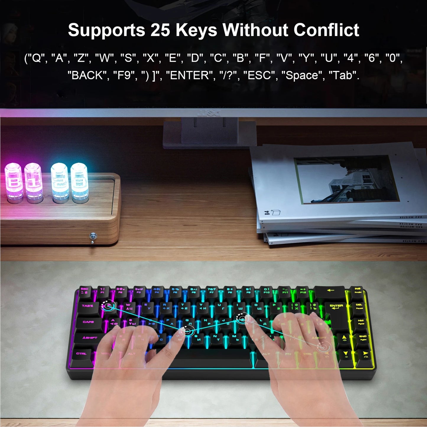 Mechanische Gaming-Tastatur mit 68 Tasten, Russisch/Englisch, zweisprachig, mit RGB-Hintergrundbeleuchtung fürs Gaming