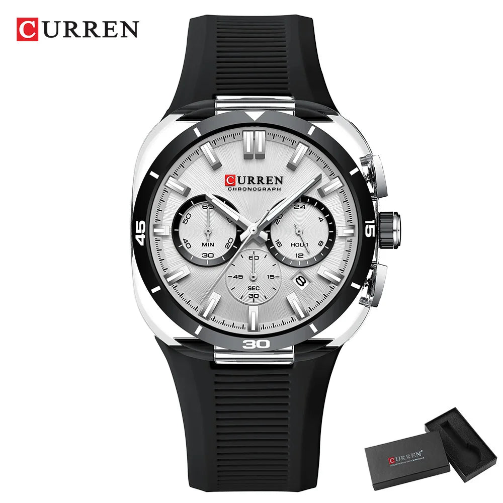 Montre pour homme CURREN – Nouveau modèle de luxe à quartz, bracelet en silicone, style sportif, multifonction, étanche, lumineuse, avec affichage de la date et chronomètre.