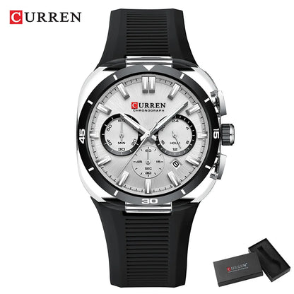 Montre pour homme CURREN – Nouveau modèle de luxe à quartz, bracelet en silicone, style sportif, multifonction, étanche, lumineuse, avec affichage de la date et chronomètre.