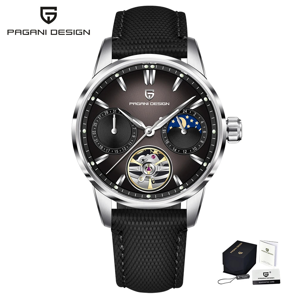 PAGANI DESIGN – Mechanische Luxusuhr für Herren, 41 mm, Saphirglas, Lederarmband, wasserdicht, Pilotenstil, mit Tourbillon und Mondphase