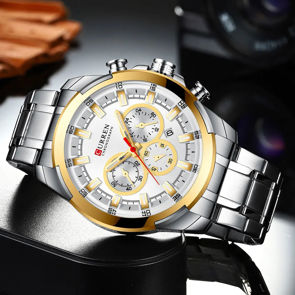 CURREN Chronographenuhr für Herren, großes Zifferblatt (48 mm), Edelstahlarmband, drei Hilfszifferblätter, Quarz-Sportarmbanduhr, luxuriöser Stil