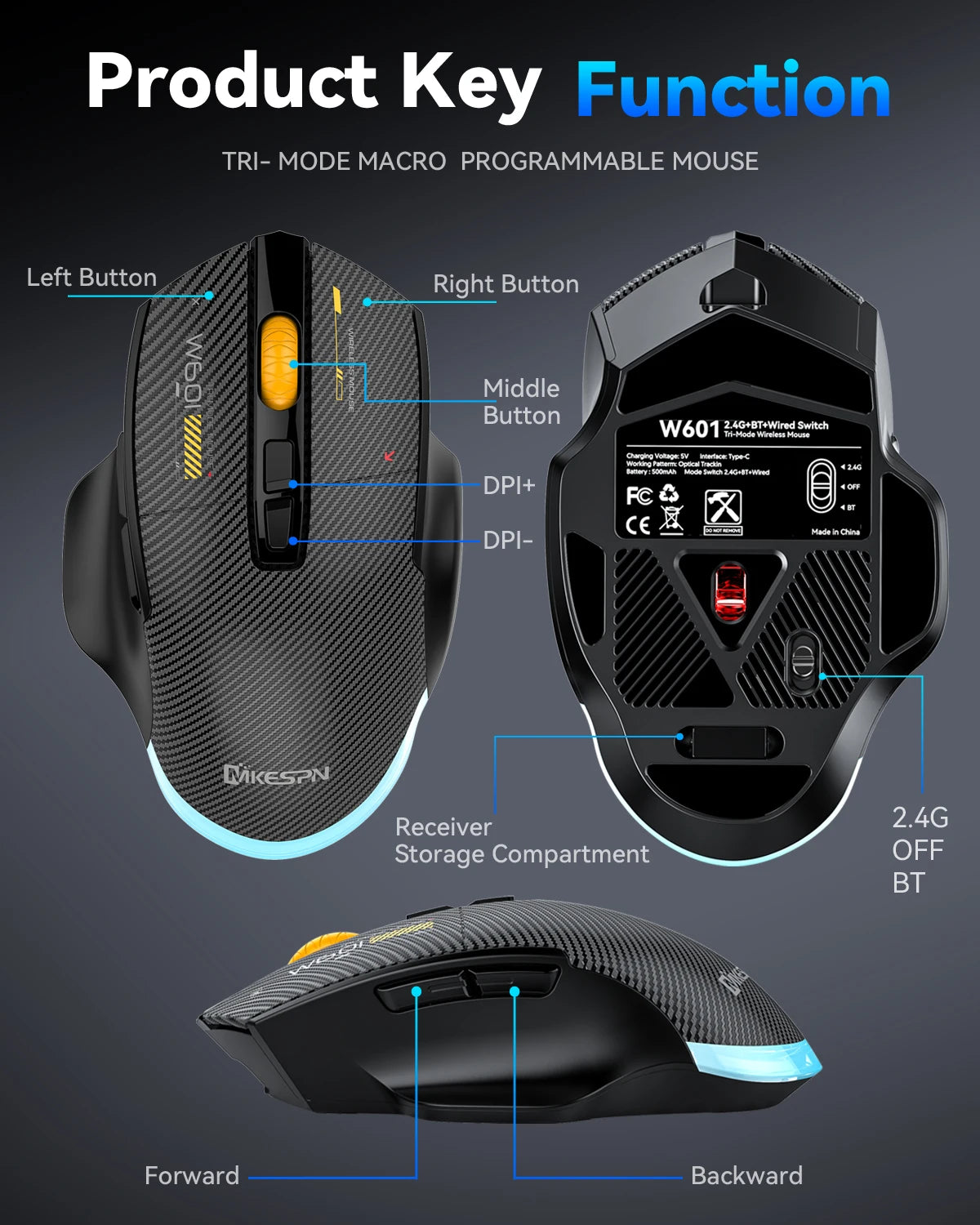 Ποντίκι gaming από ανθρακονήματα 12800DPI, 2.4G ασύρματο, Bluetooth και ενσύρματο, τριπλής λειτουργίας, αθόρυβο κουμπί, προγραμματισμός macro, 500mAh, 7 πλήκτρα
