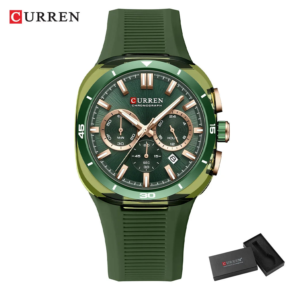 Montre pour homme CURREN – Nouveau modèle de luxe à quartz, bracelet en silicone, style sportif, multifonction, étanche, lumineuse, avec affichage de la date et chronomètre.