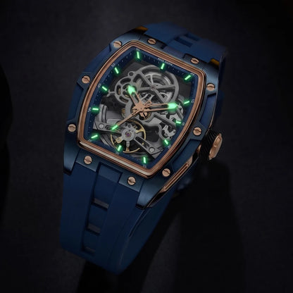 Reloj mecánico para hombre MEGIR, forma de barril, esfera esqueletizada calada, estilo deportivo, correa de silicona, reloj automático de lujo