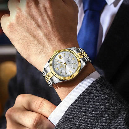 Klassiek en luxueus quartzhorloge voor heren van POEDAGAR – Roestvrijstalen kast, datumweergave, waterdicht, lichtgevende wijzers – Elegant polshorloge voor op het werk of formele gelegenheden