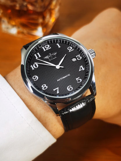 Herrenuhr WINNER – Klassischer, retro-eleganter Stil – Mechanische Automatikuhr mit Kalender – Luxusmarke, Edelstahlgehäuse und Lederarmband