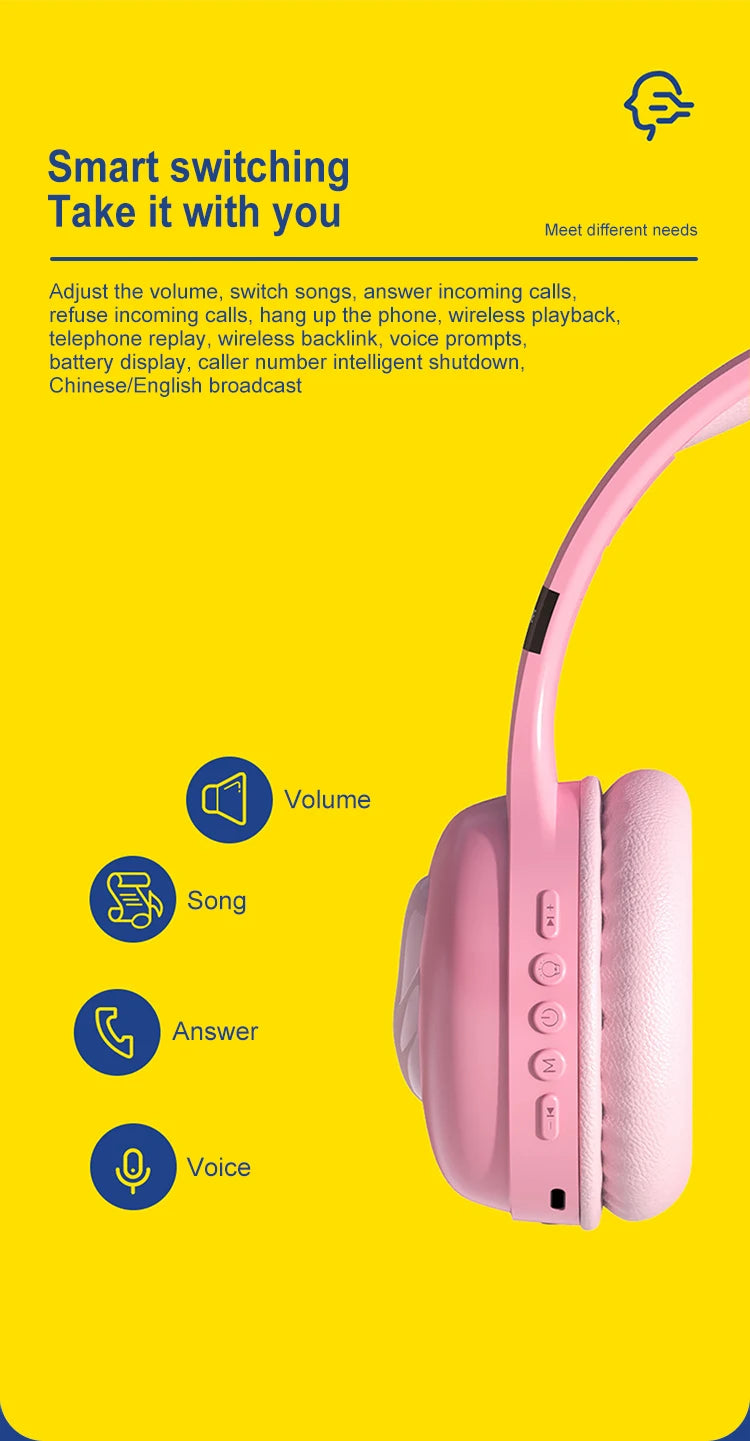 Glow Unicorn Bluetooth Headphones for Kids – LED Bunny Ear Wireless Headphones with Microphone, TF Card Slot, Over-Ear Bluetooth Headset for Gaming, Music & Mobile Devices