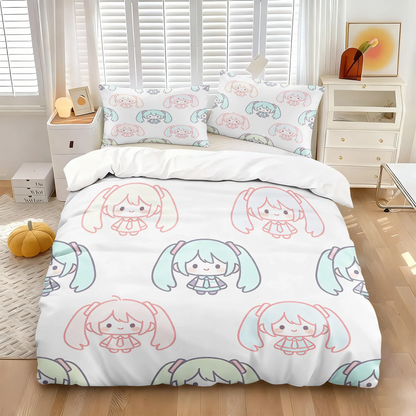 Komplet posteljnine Hatsune Miku v slogu chibi – simpatična anime posteljnina z vzglavniki za igralno sobo, dekoracija za otroško in najstniško spalnico, darilo za oboževalce