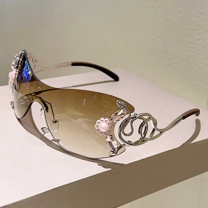 KAMMPT Rimless Y2k Sunglasses with Rhinestones Women Fashion Monoblock Outdoor Decor Shades Trendy Design Gradient Sun Glasses
