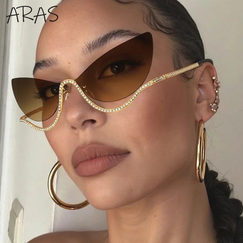 Sexy Cat Eye Rimless Sunglasses Women 2026 Luxury Brand Trendy Rhinestone Sun Glasses Punk Metal Frame Eyewear Outdoor Shades