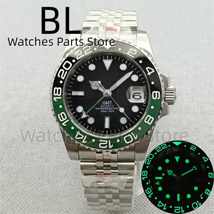 BLIGER 40mm 515 24H GMT Men's Watch Stainless Steel Clasp Luminous Quartz Movement Ceramic Bezel 10Bar Waterproof Sapphire Glass