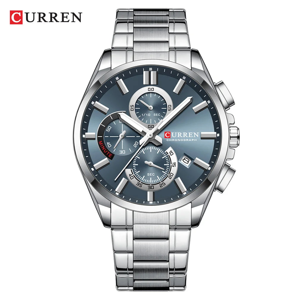 CURREN Men's Stainless Steel Chronograph Watches with Luminous Hands,Triple Sub-Dials Auto Date Fashion Design Quartz Wristwatch