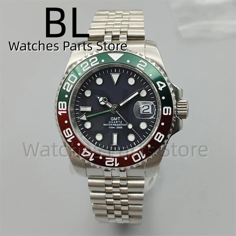BLIGER 40mm 515 24H GMT Men's Watch Stainless Steel Clasp Luminous Quartz Movement Ceramic Bezel 10Bar Waterproof Sapphire Glass