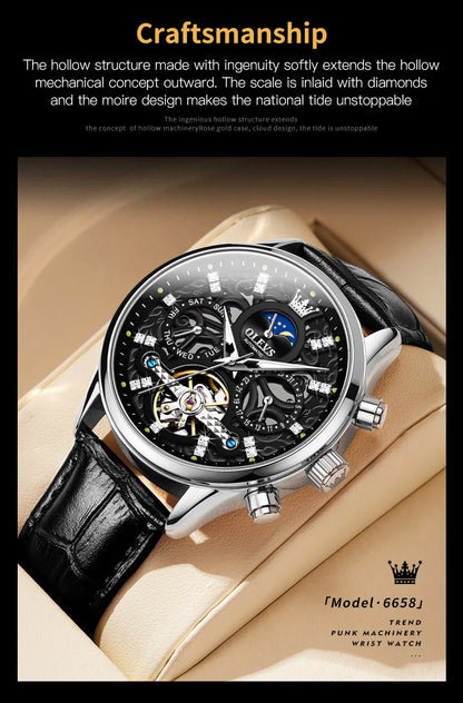 OLEVS 6658 Automatic Mechanical Watch for Man Leather Strap Waterproof Moon Phase Business Dress Men's Watches