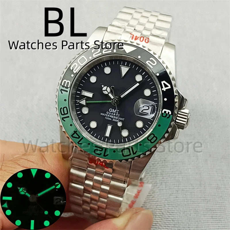 BLIGER 40mm 515 24H GMT Men's Watch Stainless Steel Clasp Luminous Quartz Movement Ceramic Bezel 10Bar Waterproof Sapphire Glass