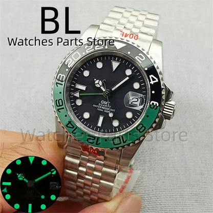 BLIGER 40mm 515 24H GMT Men's Watch Stainless Steel Clasp Luminous Quartz Movement Ceramic Bezel 10Bar Waterproof Sapphire Glass