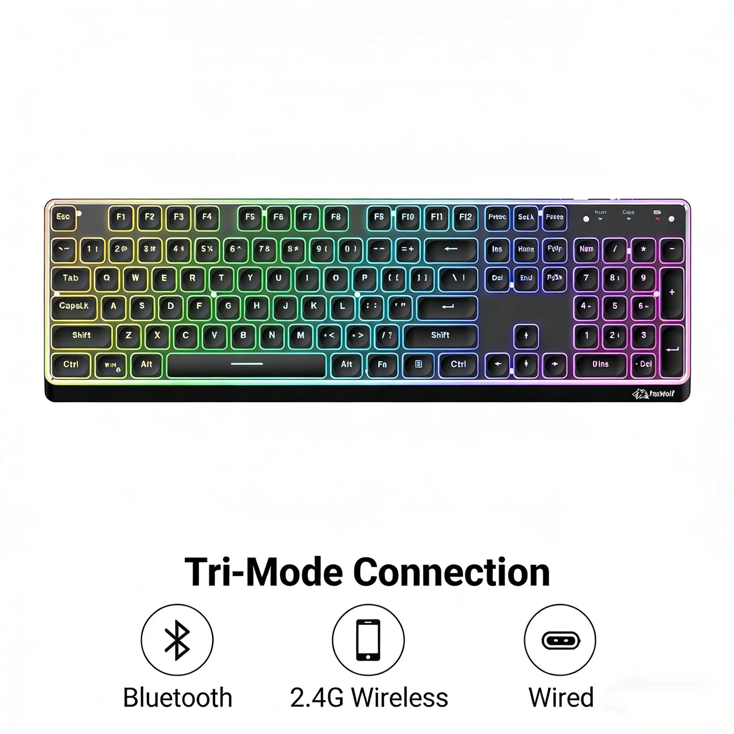 Freewolf M104 Tri-Mode Wireless Keyboard RGB 104 Keys Ultra Slim Quiet Membrane 4000mAh Large Battery for Office&Home