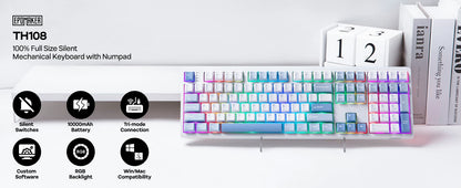 EPOMAKER TH108 100% Full Size Hot-Swap Gasket-Mounted Wired/Bluetooth/2.4Ghz Wireless Mechanical Keyboard with 10000mAh Battery
