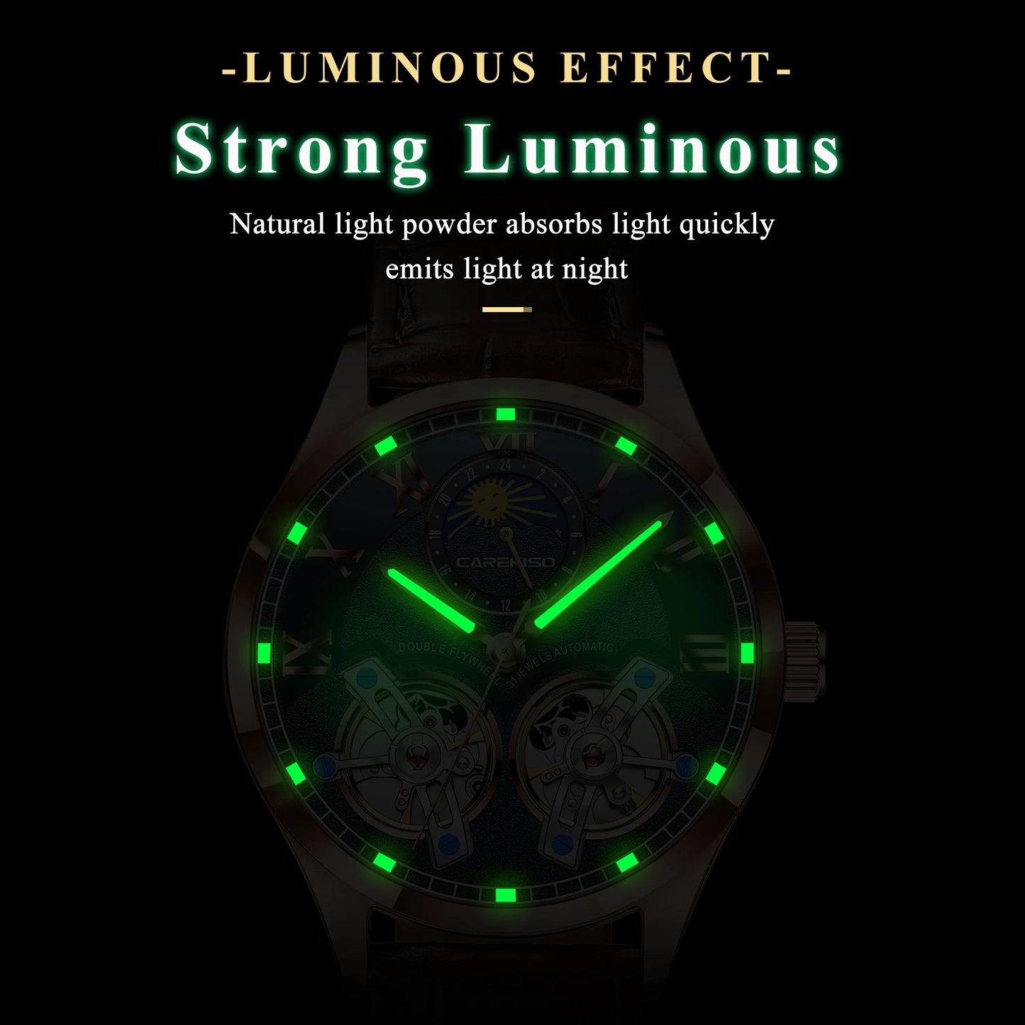 CAREKISO Fashion Men's Clock Double Hollow Tourbillon Automatic Mechanical Man Watch Waterproof Luminous Leather Men's Watches+Box