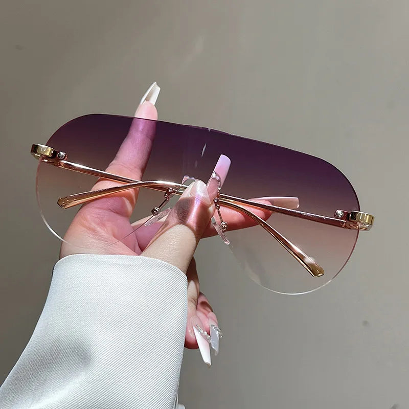 Women's Oversize Rimless One-Piece Shield Sunglasses Fashion Gradient Sun Glasses Alloy Sexy Driving Shades men punk shades