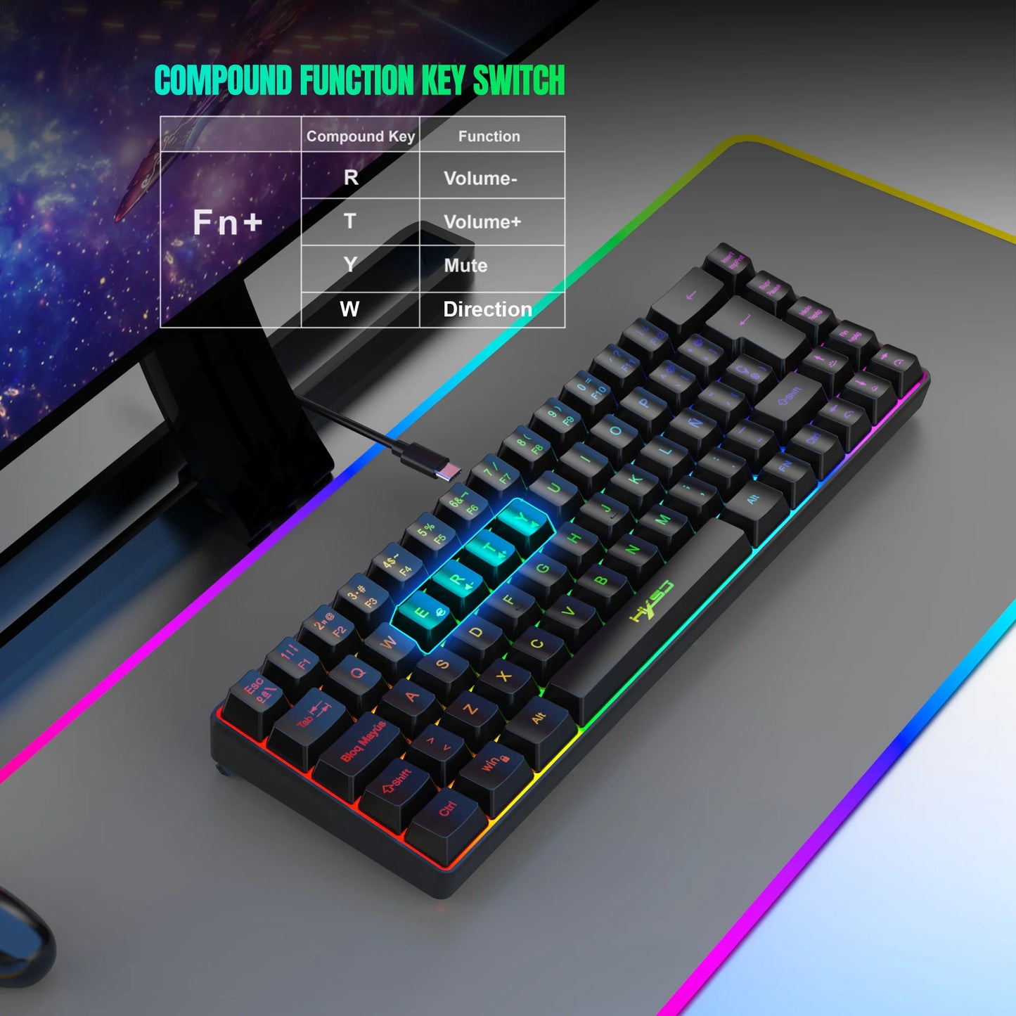 Offerta imperdibile! Tastiera gaming cablata spagnola a 69 tasti con retroilluminazione RGB, design compatto 68%, un accessorio indispensabile per professionisti e gamer