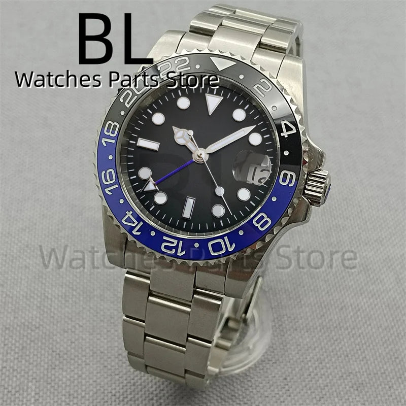 BLIGER 40mm 515 24H GMT Men's Watch Stainless Steel Clasp Luminous Quartz Movement Ceramic Bezel 10Bar Waterproof Sapphire Glass