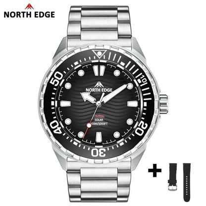 NORTH EDGE New TRITON Solar Powered Diving Watch for Man Luxury Quartz Wristwatches 316L Stainless Steel Case Waterproof 300M