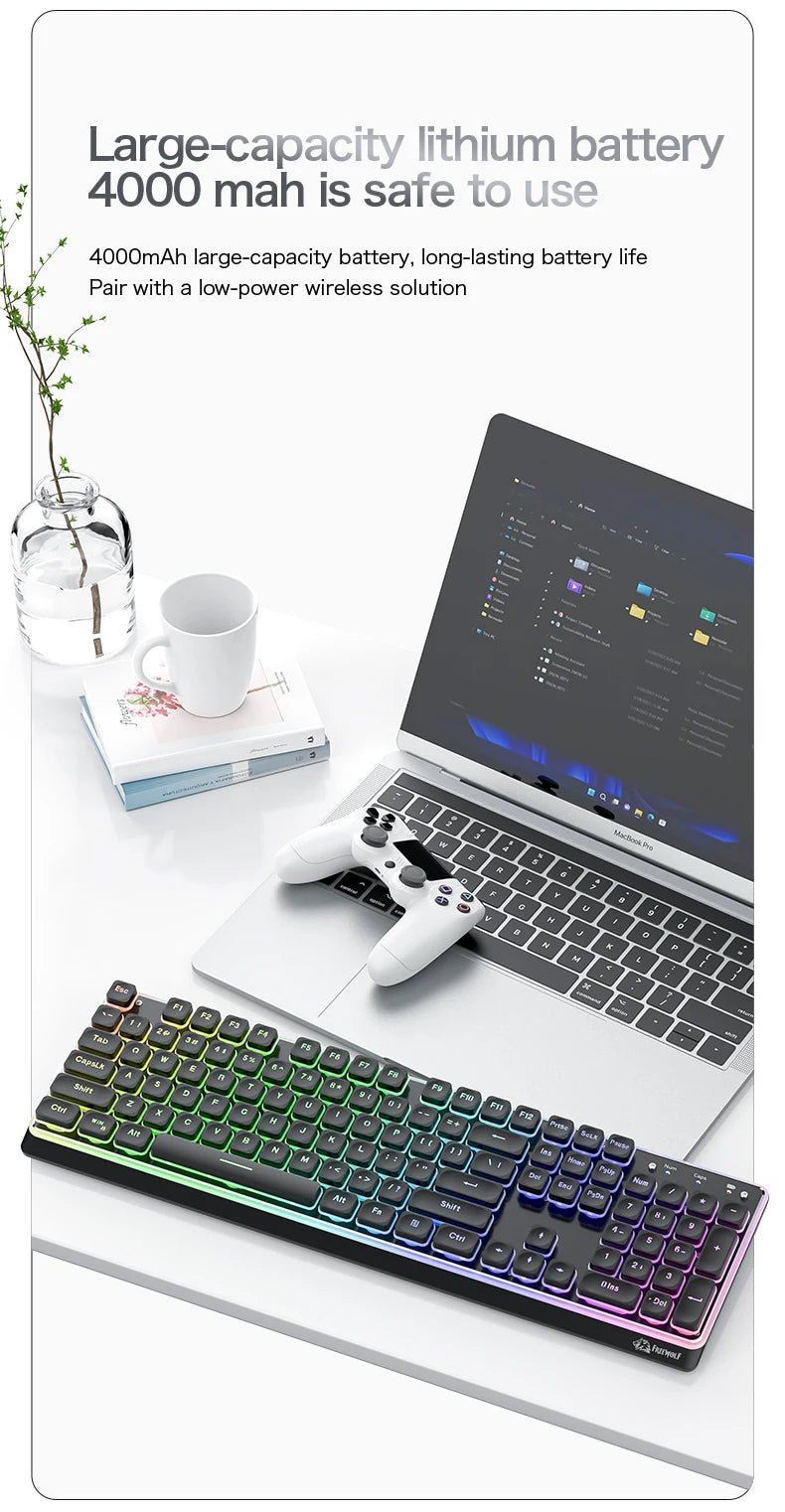 Freewolf M104 Tri-Mode Wireless Keyboard RGB 104 Keys Ultra Slim Quiet Membrane 4000mAh Large Battery for Office&Home