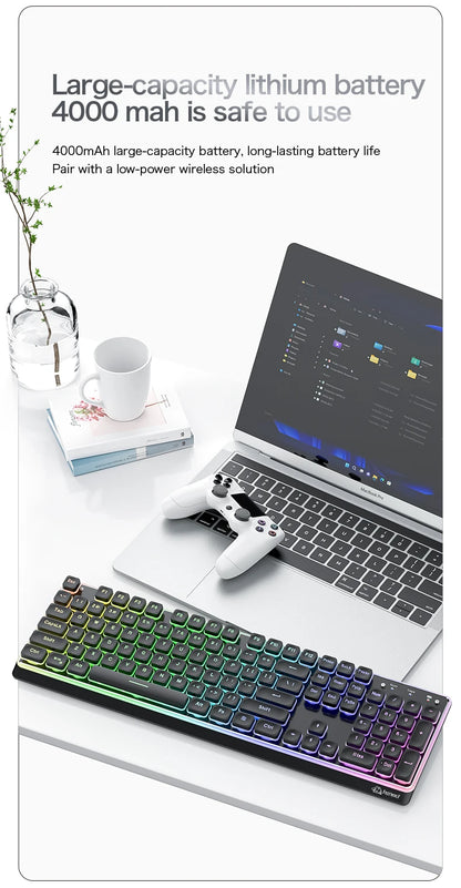 Freewolf M104 Tri-Mode Wireless Keyboard RGB 104 Keys Ultra Slim Quiet Membrane 4000mAh Large Battery for Office&Home