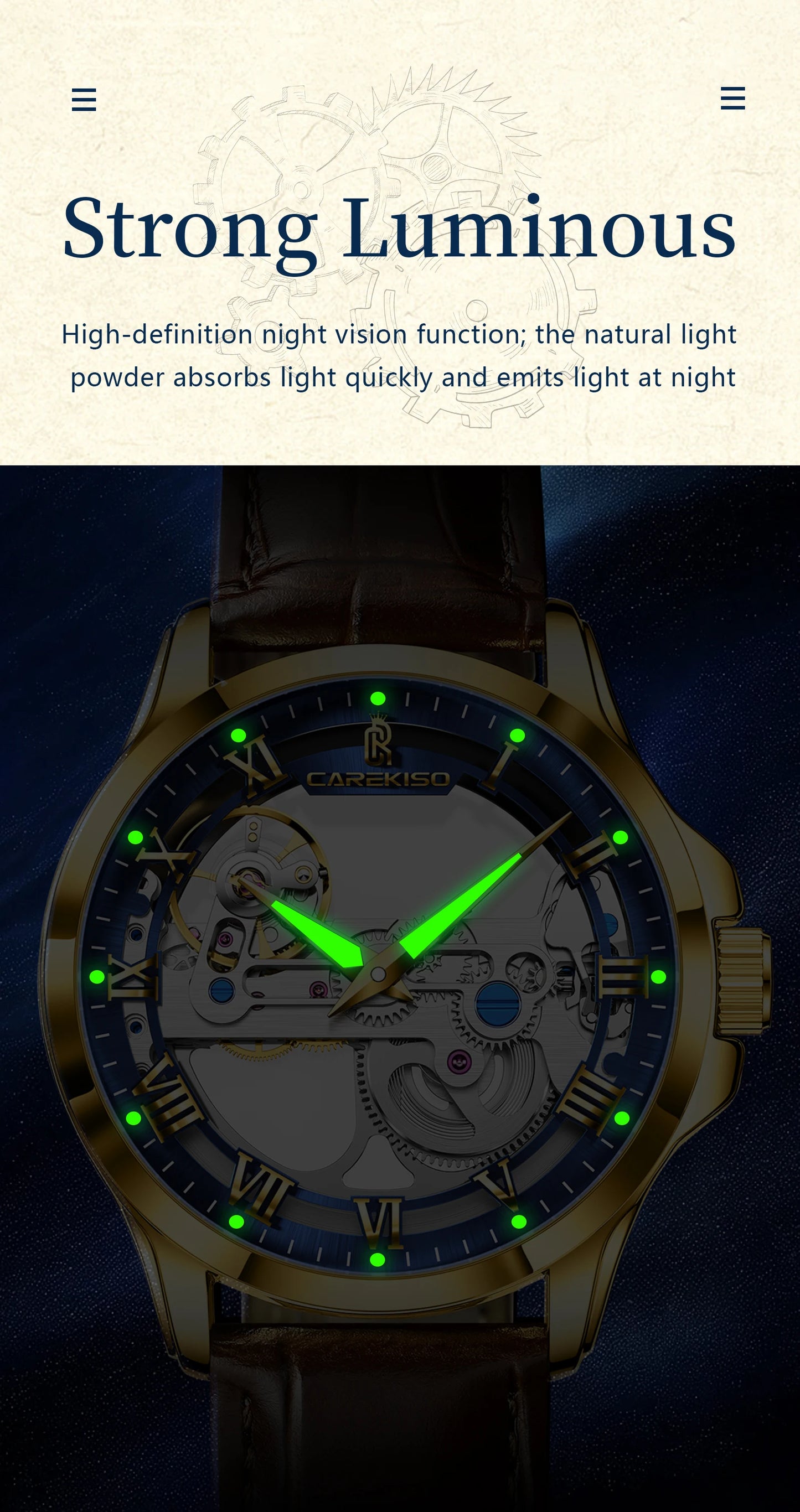 CAREKISO Fashion Men's Watches Original Mechanical Leather Men Clock Waterproof Hollow Tourbillon Automatic Man Watch Reloj Male