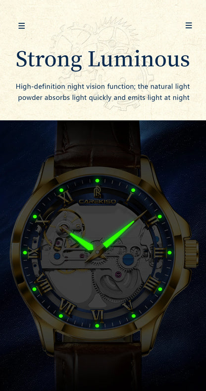 CAREKISO Fashion Men's Watches Original Mechanical Leather Men Clock Waterproof Hollow Tourbillon Automatic Man Watch Reloj Male