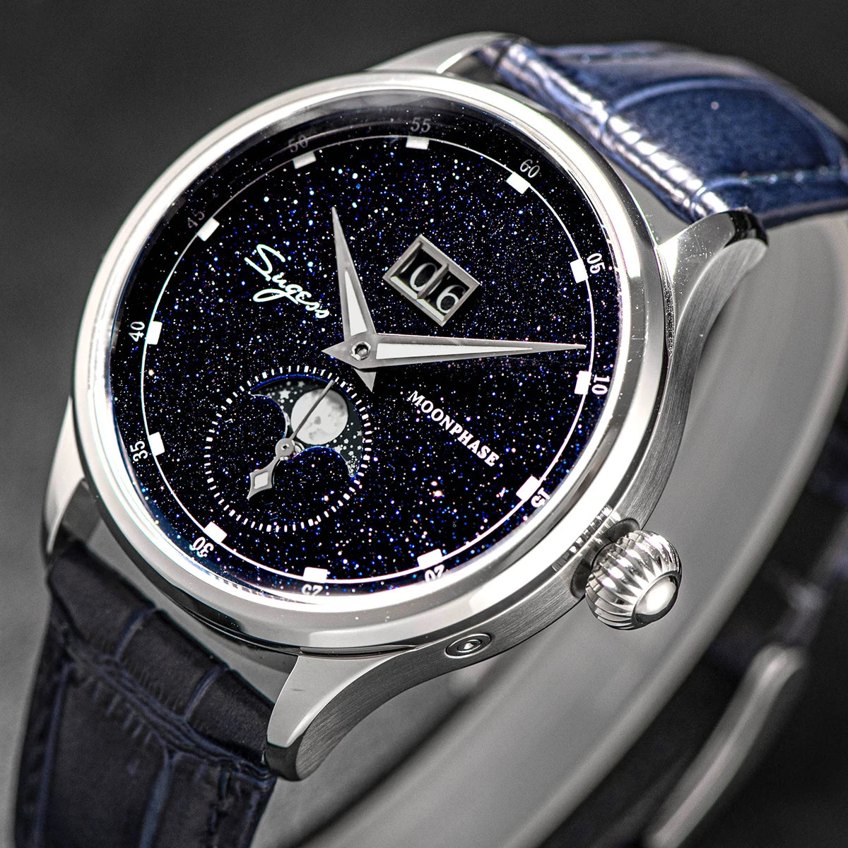 Sugess 2022 Luxury Man Watch Moonphase Blue GoldStone Dial Tianjin 2528 Movement Stainless Steel Starry Sky Limited Edition V3