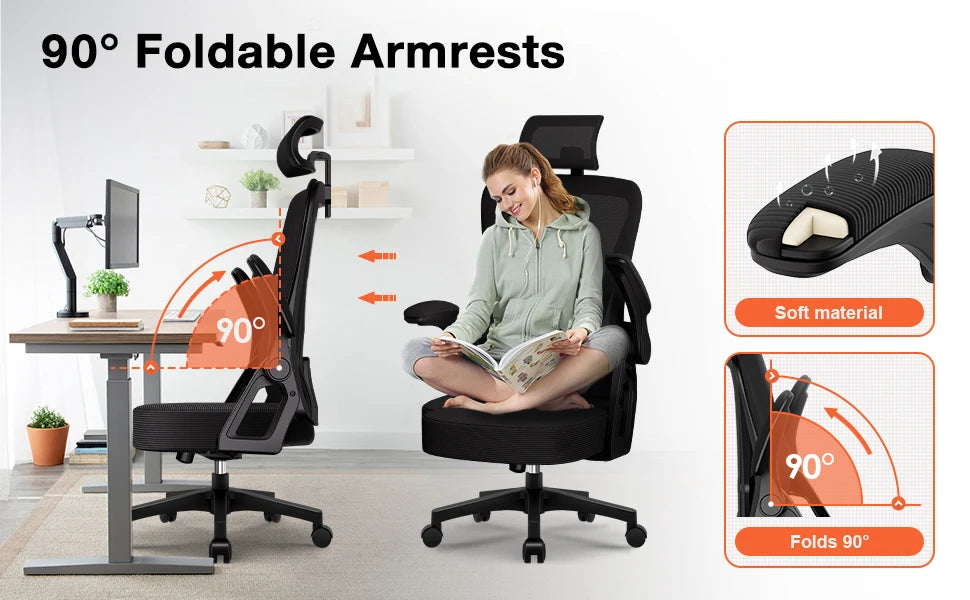 Ergonomic Office Chair with Adjustable Lumbar Support, Reclining Computer Desk Chair 90°-135°, Adjustable Headrest & Flip-Up Armrests