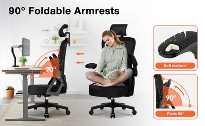 Ergonomic Office Chair with Adjustable Lumbar Support, Reclining Computer Desk Chair 90°-135°, Adjustable Headrest & Flip-Up Armrests
