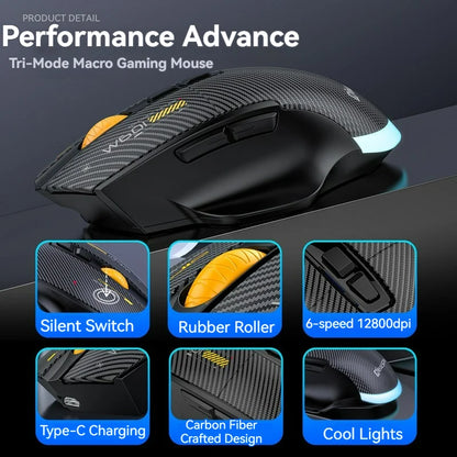 Ποντίκι gaming από ανθρακονήματα 12800DPI, 2.4G ασύρματο, Bluetooth και ενσύρματο, τριπλής λειτουργίας, αθόρυβο κουμπί, προγραμματισμός macro, 500mAh, 7 πλήκτρα