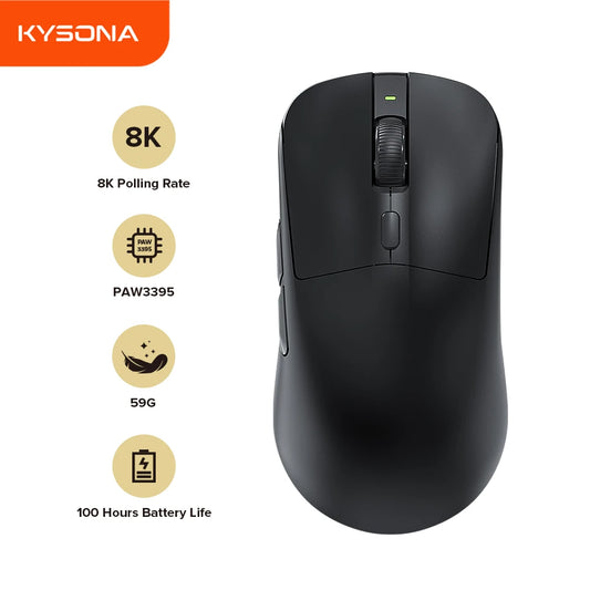 KYSONA M617 Wireless Gaming Mouse Tri-Mode Bluetooth 2.4G & Wired, PAW3395 Sensor, 26K DPI, 8000Hz Polling Rate, 59g Lightweight Rechargeable Gaming Mouse