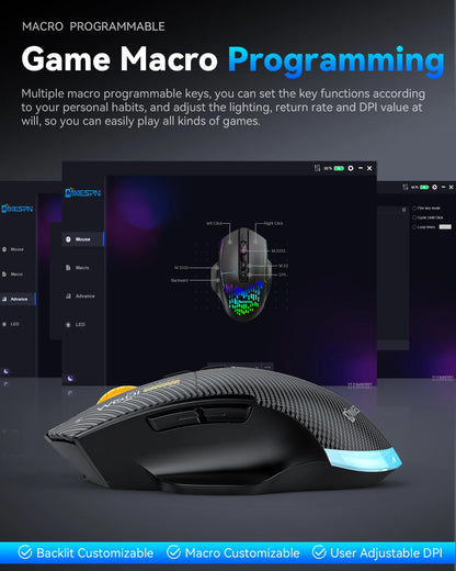 Ποντίκι gaming από ανθρακονήματα 12800DPI, 2.4G ασύρματο, Bluetooth και ενσύρματο, τριπλής λειτουργίας, αθόρυβο κουμπί, προγραμματισμός macro, 500mAh, 7 πλήκτρα
