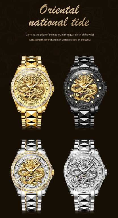 OUPINKE Herrenarmbanduhr, Top-Marke, Luxus, Gold, Wolframstahl, originale automatische mechanische Armbanduhr mit Zifferblatt im Drachenmuster